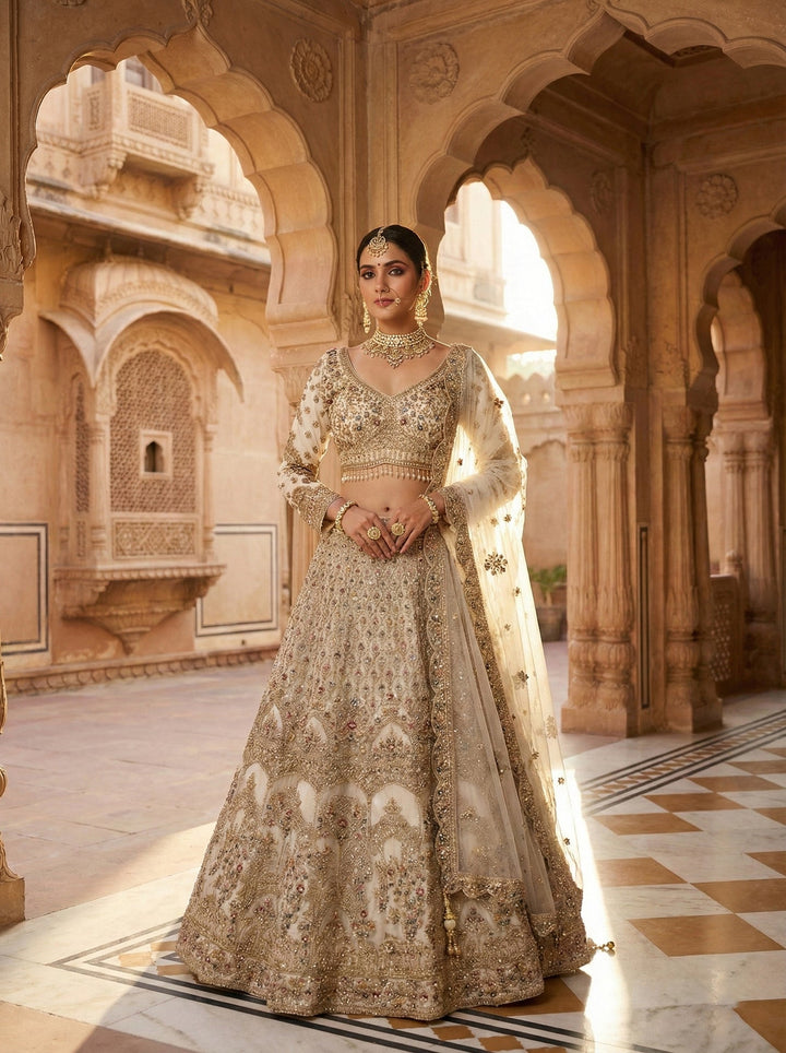 Neerus White net hand embroidered lehenga set - front view