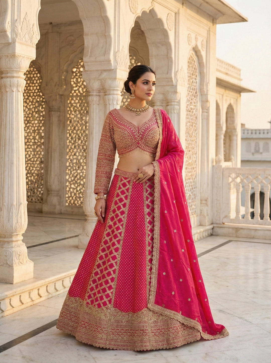 Neerus Pink tissue hand embroidered lehenga set - front view