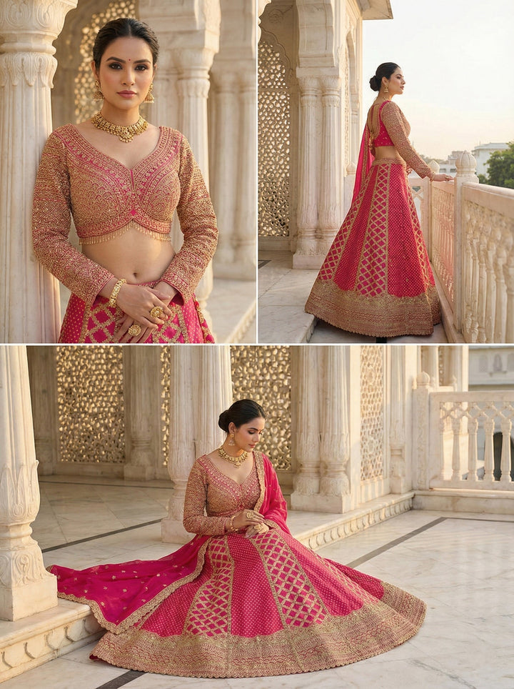 Neerus Pink tissue hand embroidered lehenga set - back view