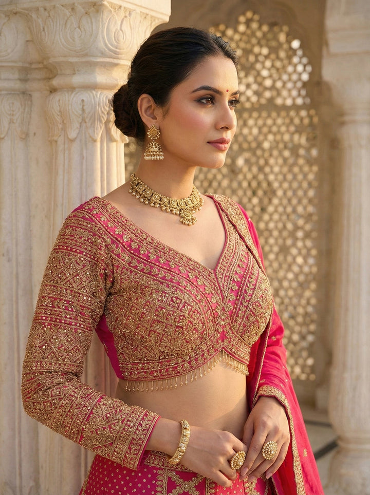 Neerus Pink tissue hand embroidered lehenga set - side view