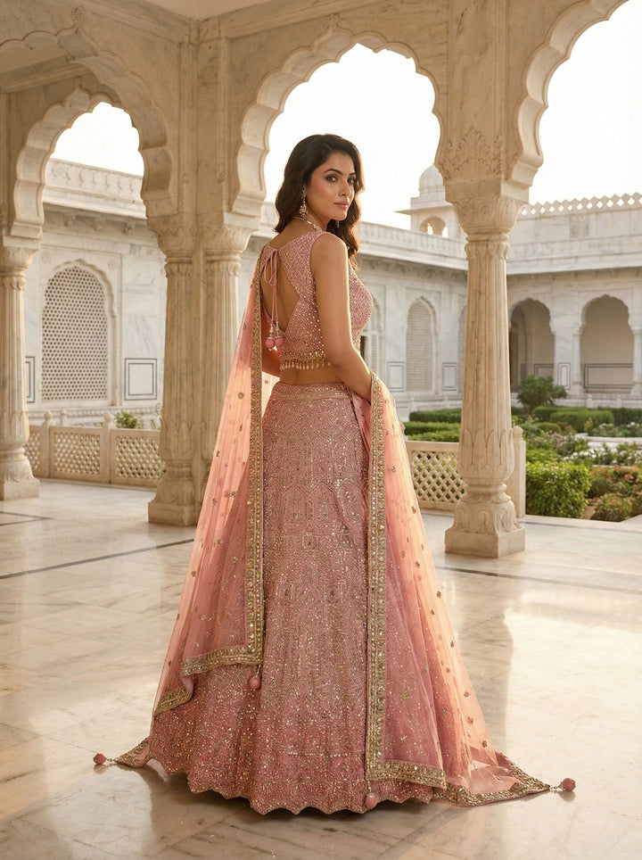 Neerus Pink georgette hand embroidered lehenga set - side view