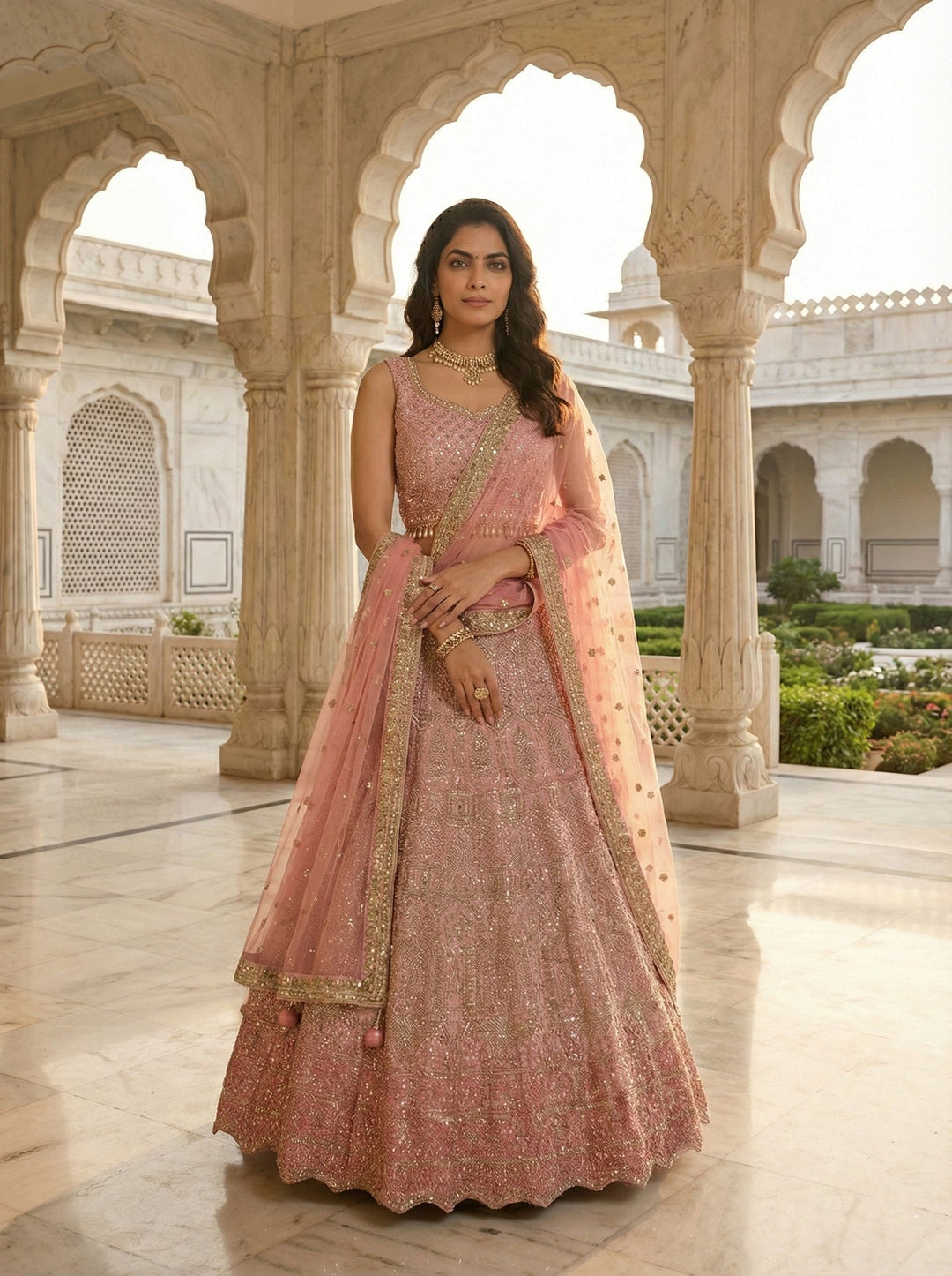 Neerus Pink georgette hand embroidered lehenga set - front view