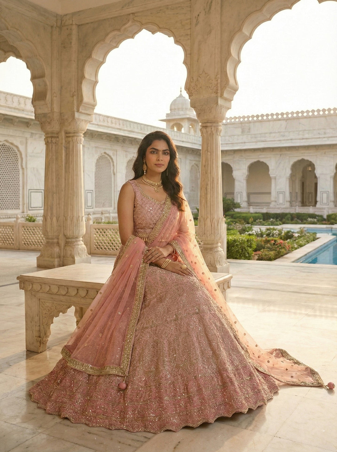 Neerus Pink georgette hand embroidered lehenga set - back view