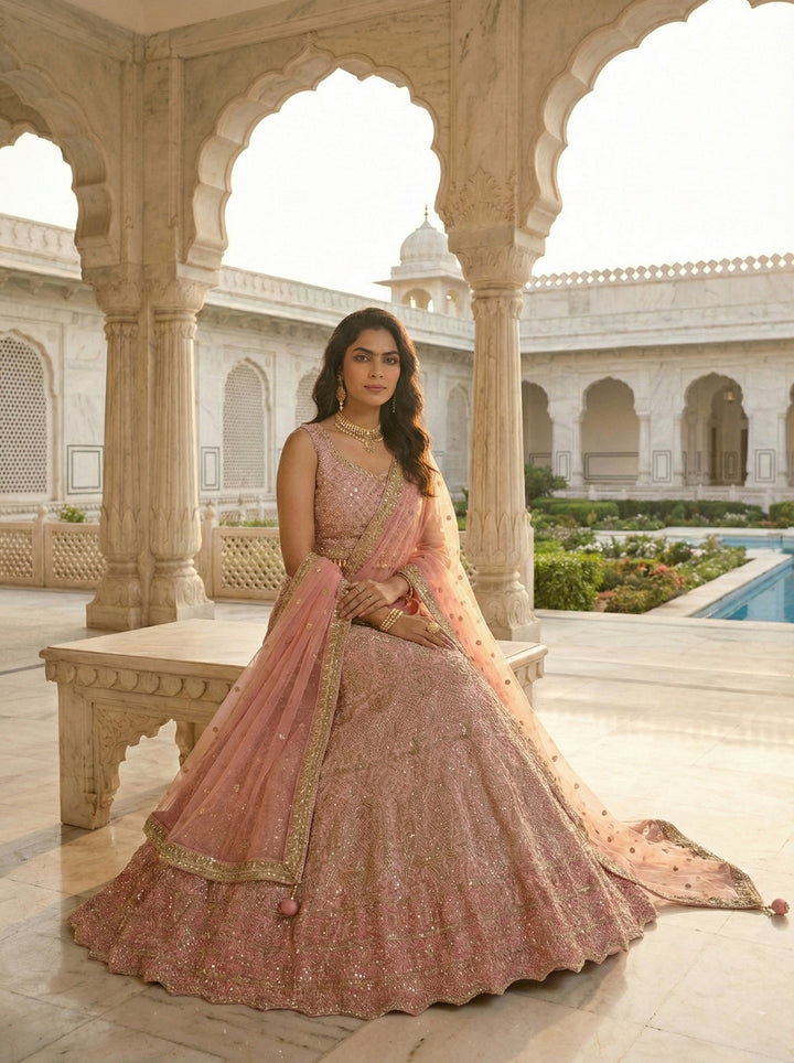 Neerus Pink georgette hand embroidered lehenga set - back view