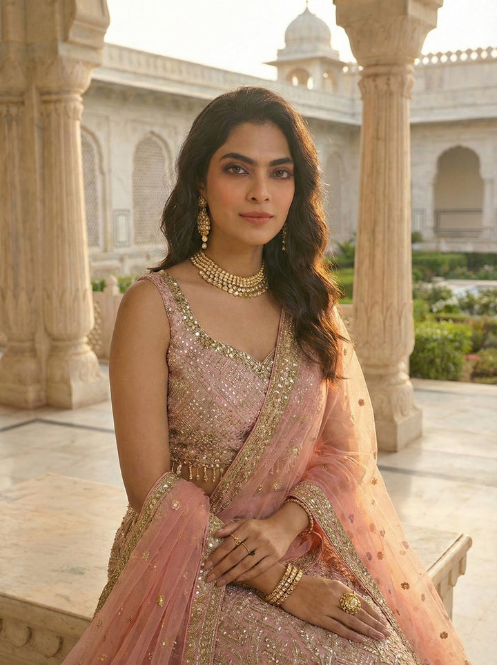 Neerus Pink georgette hand embroidered lehenga set - detail view 1