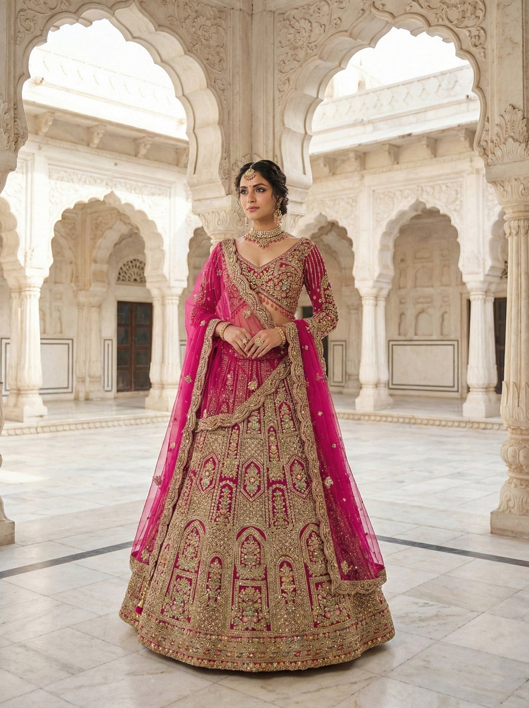 Neerus Pink net hand embroidered lehenga set - front view