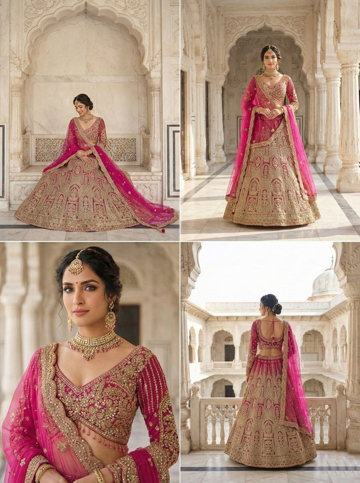 Neerus Pink net hand embroidered lehenga set - back view