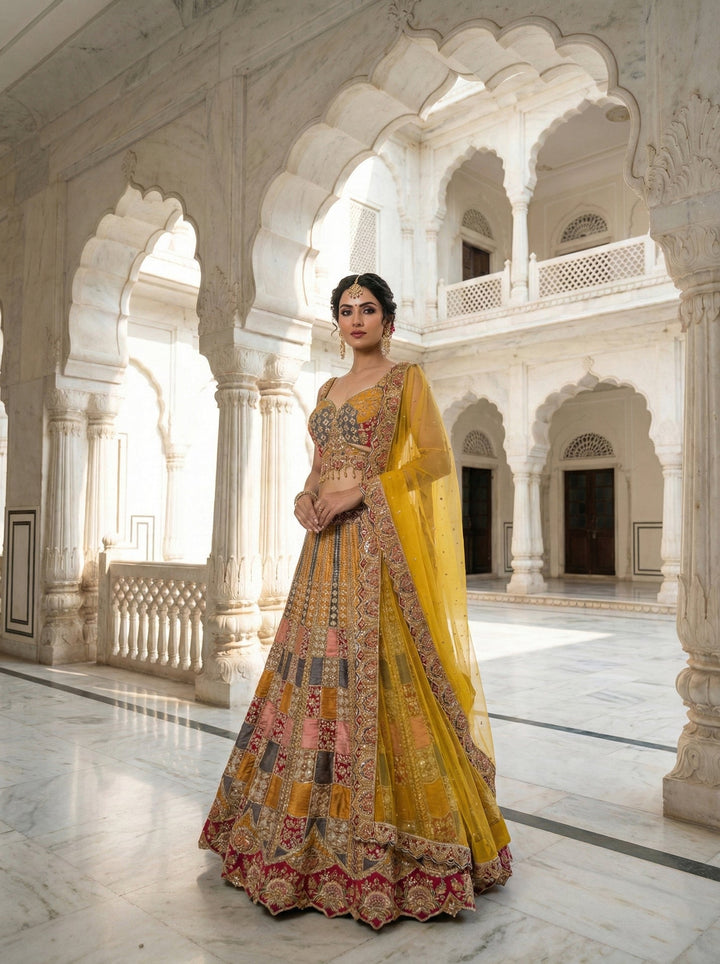 Neerus Yellow silk hand embroidered lehenga set - front view