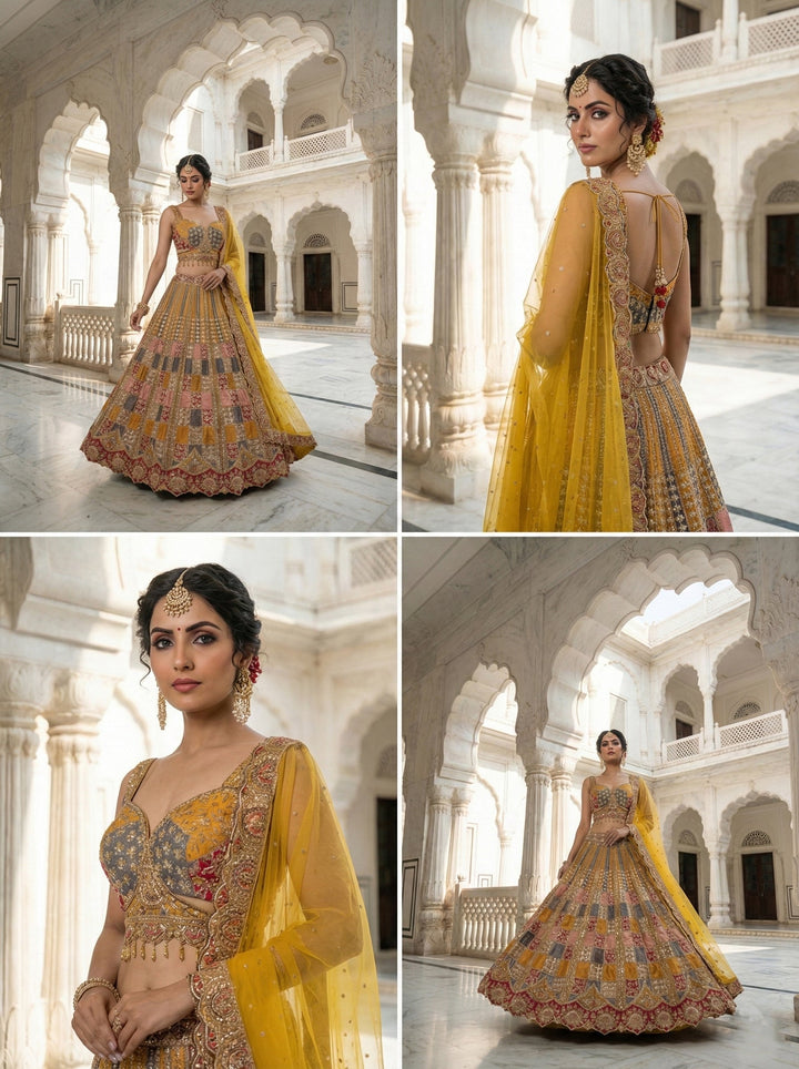 Neerus Yellow silk hand embroidered lehenga set - back view