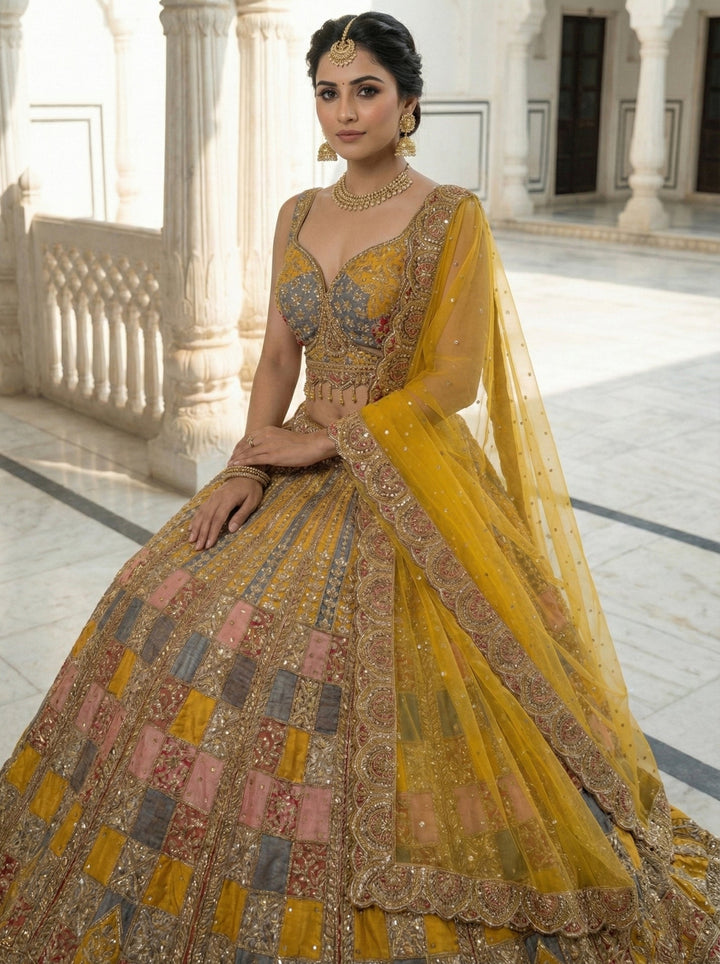 Neerus Yellow silk hand embroidered lehenga set - side view