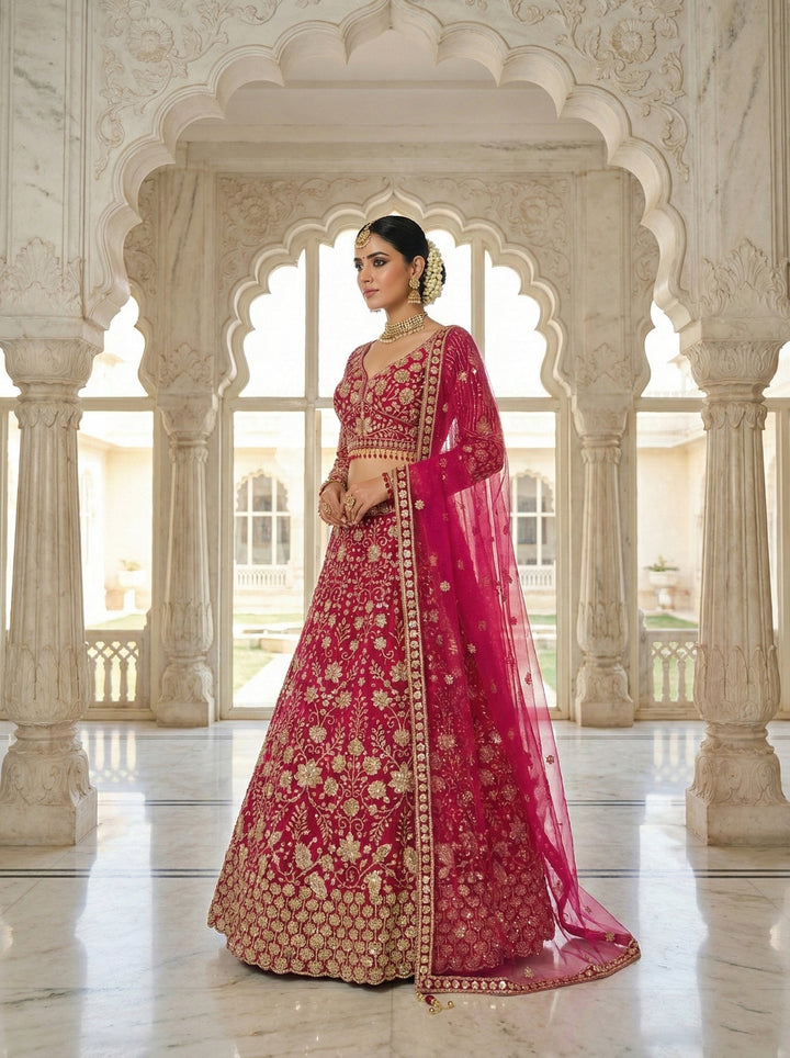 Neerus Pink net hand embroidered lehenga set - front view