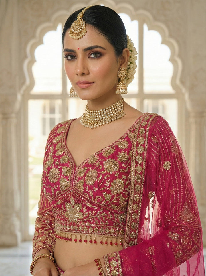 Neerus Pink net hand embroidered lehenga set - side view
