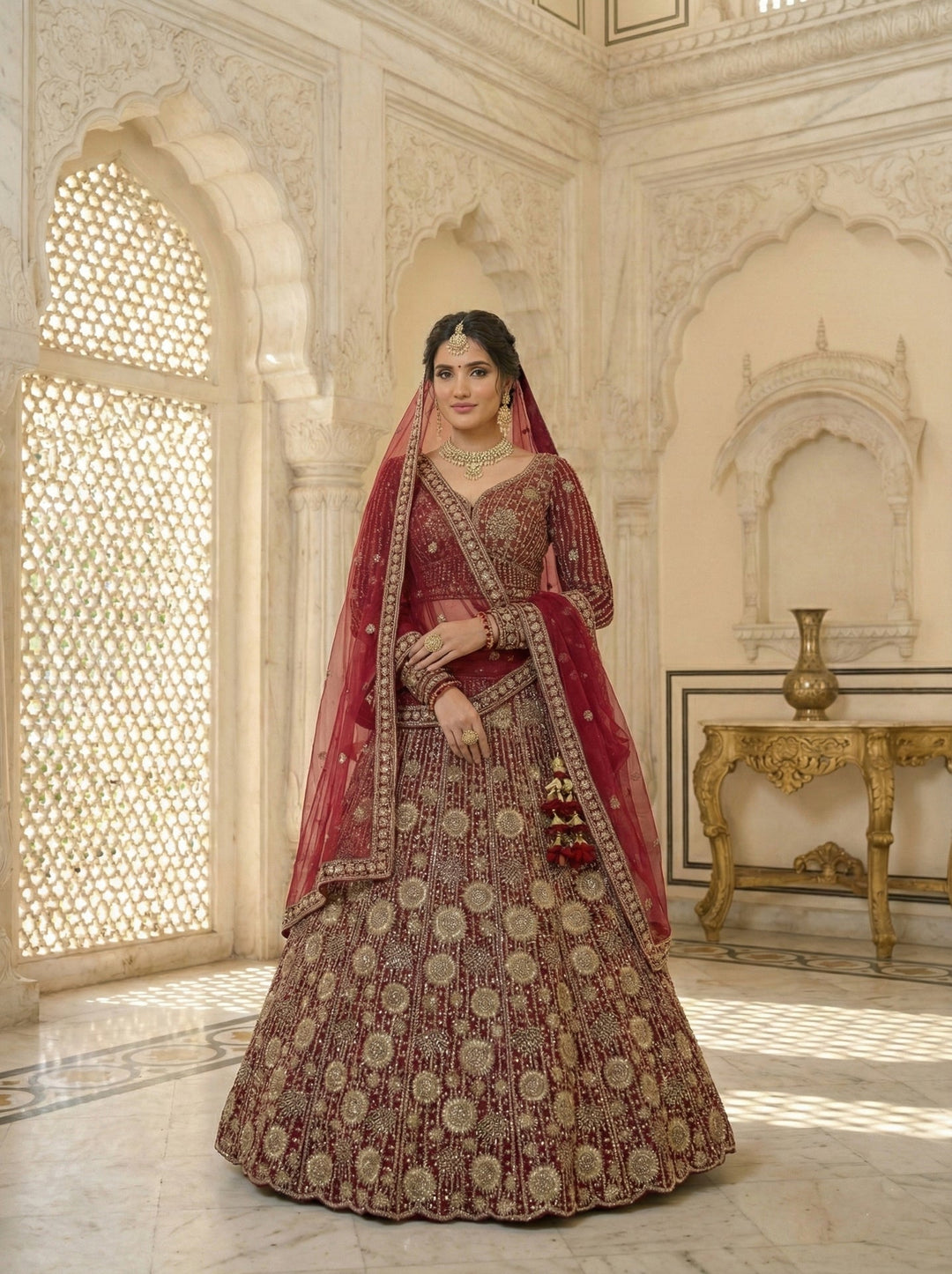 Neerus Maroon net hand embroidered lehenga set - front view