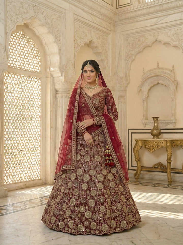 Neerus Maroon net hand embroidered lehenga set - front view