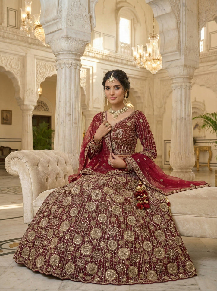 Neerus Maroon net hand embroidered lehenga set - back view