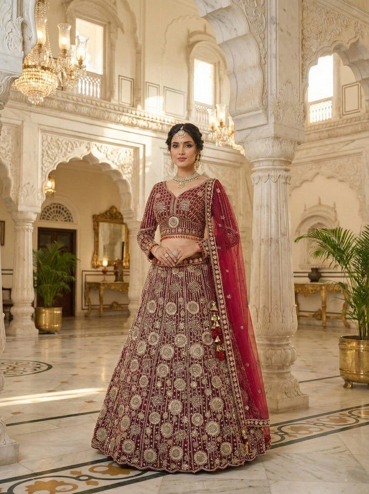 Neerus Maroon net hand embroidered lehenga set - side view