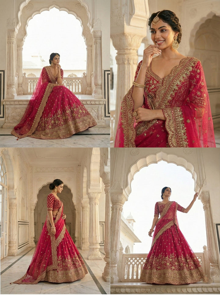 Neerus Pink silk hand embroidered lehenga set - back view