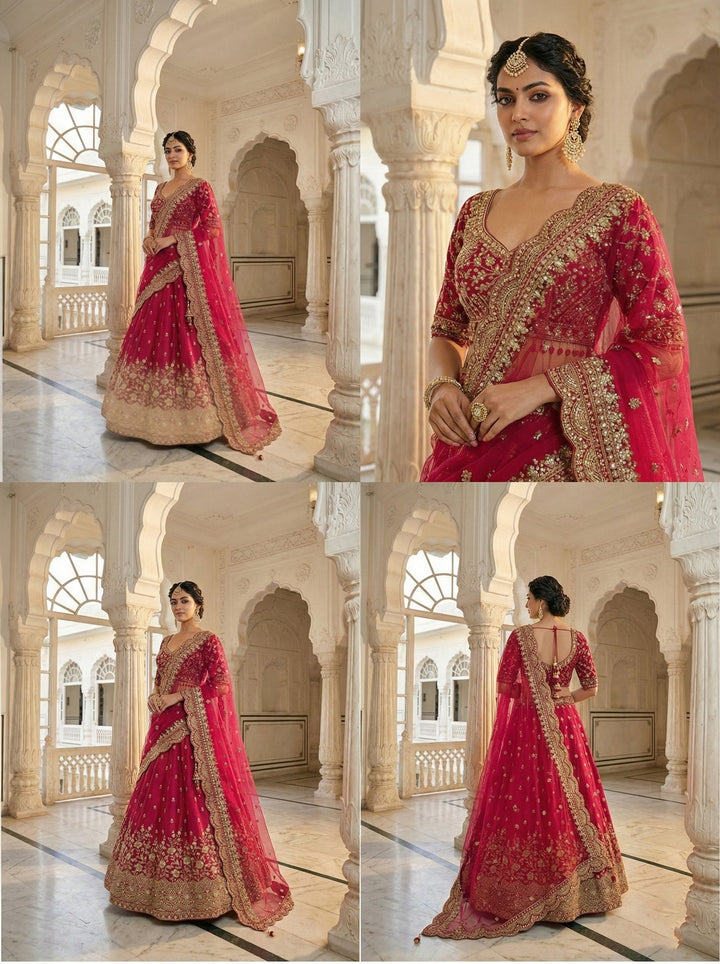 Neerus Pink silk hand embroidered lehenga set - side view