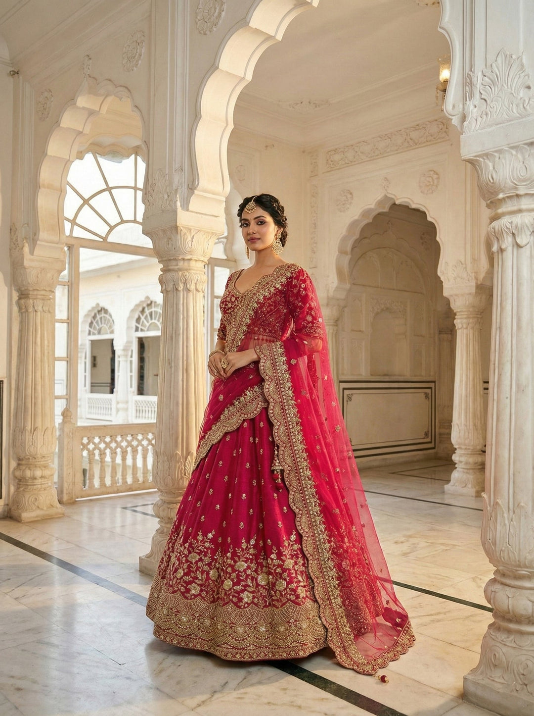 Neerus Pink silk hand embroidered lehenga set - front view