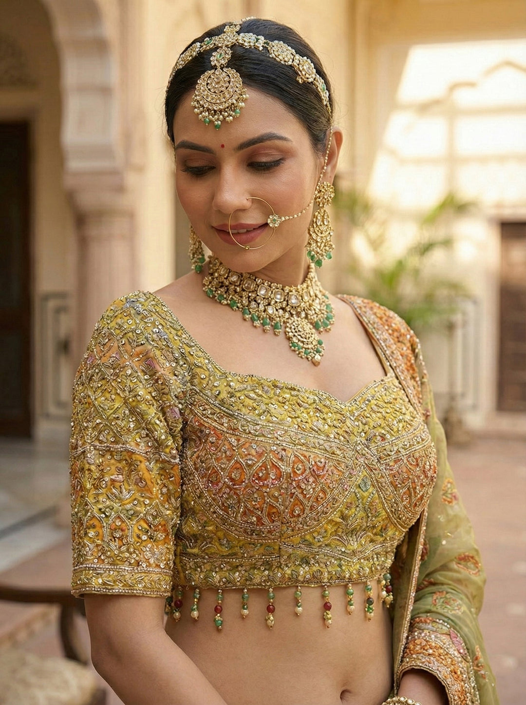 Neerus Yellow tissue hand embroidered lehenga set - side view