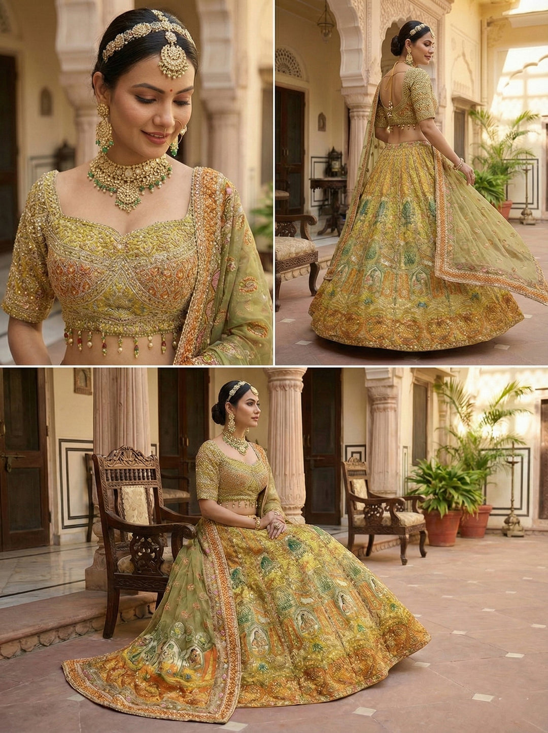 Neerus Yellow tissue hand embroidered lehenga set - back view