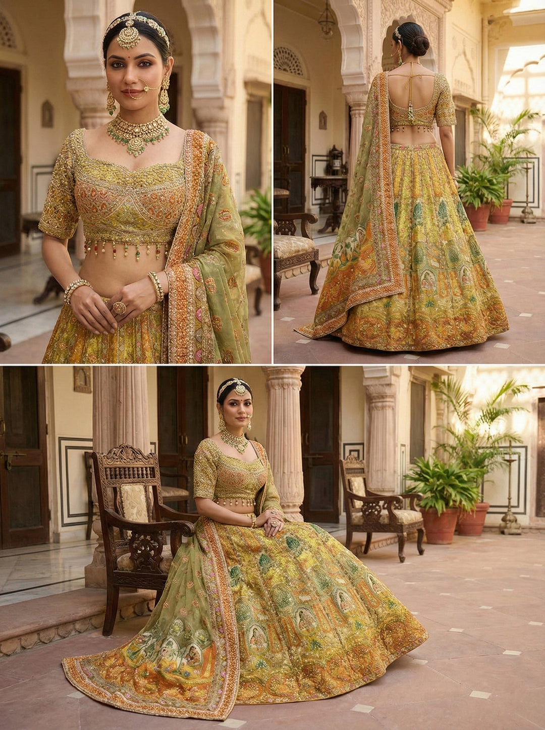 Neerus Yellow tissue hand embroidered lehenga set - detail view 1