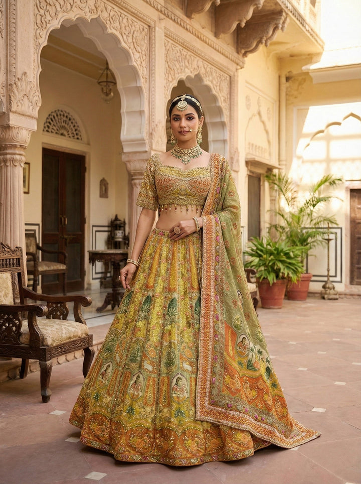 Neerus Yellow tissue hand embroidered lehenga set - front view