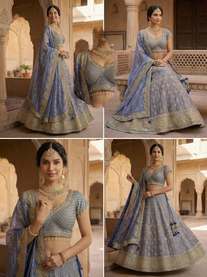 Neerus Blue tissue hand embroidered lehenga set - detail view 1
