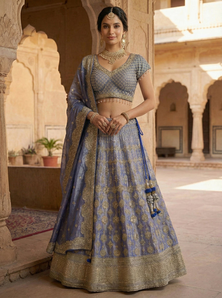 Neerus Blue tissue hand embroidered lehenga set - back view
