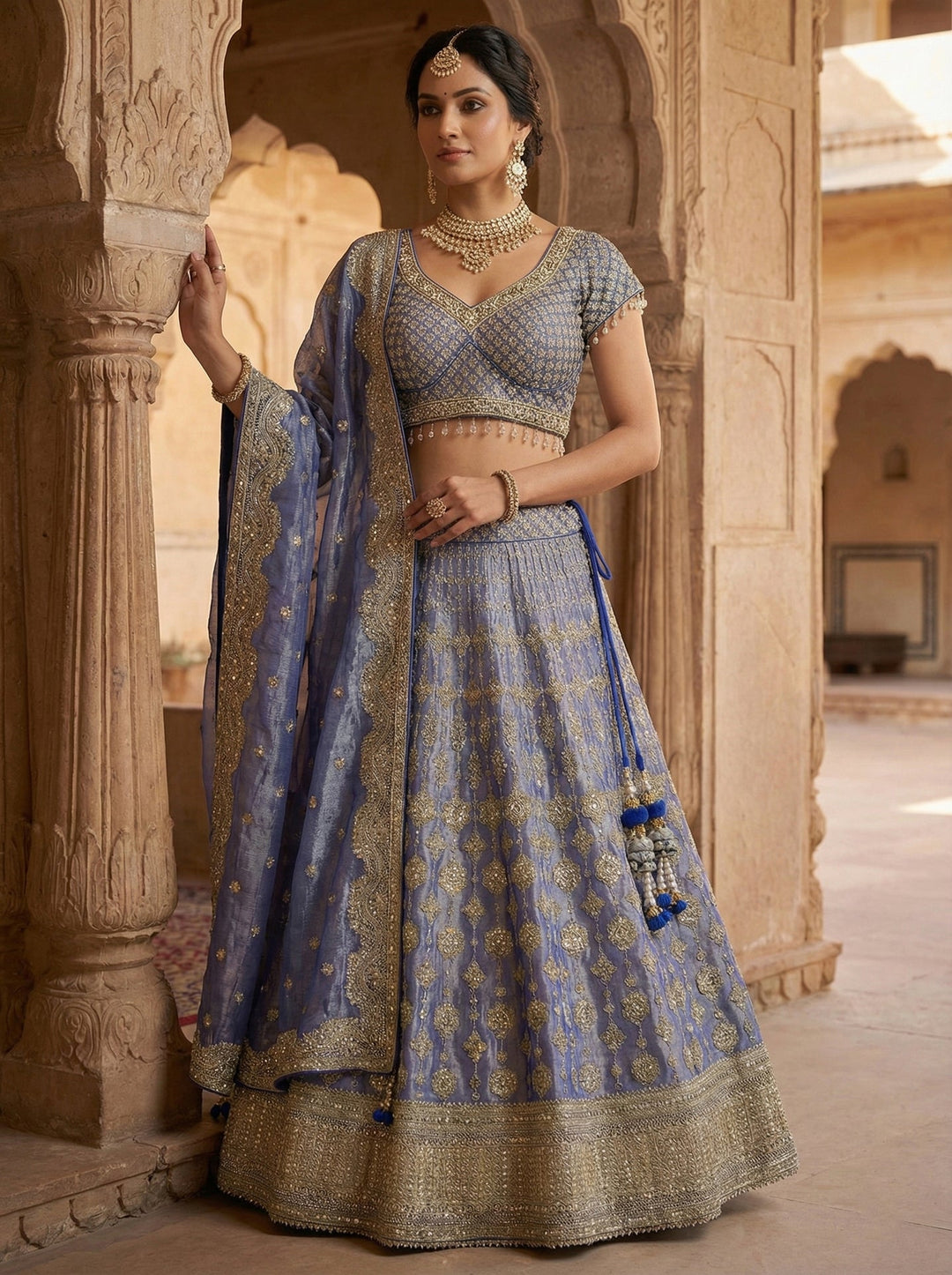 Neerus Blue tissue hand embroidered lehenga set - side view