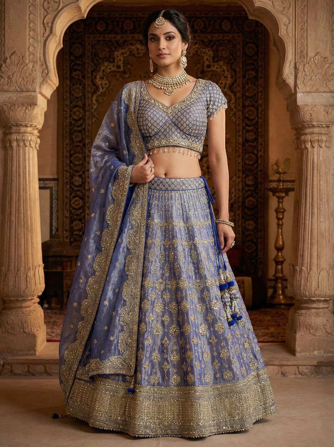 Neerus Blue tissue hand embroidered lehenga set - front view