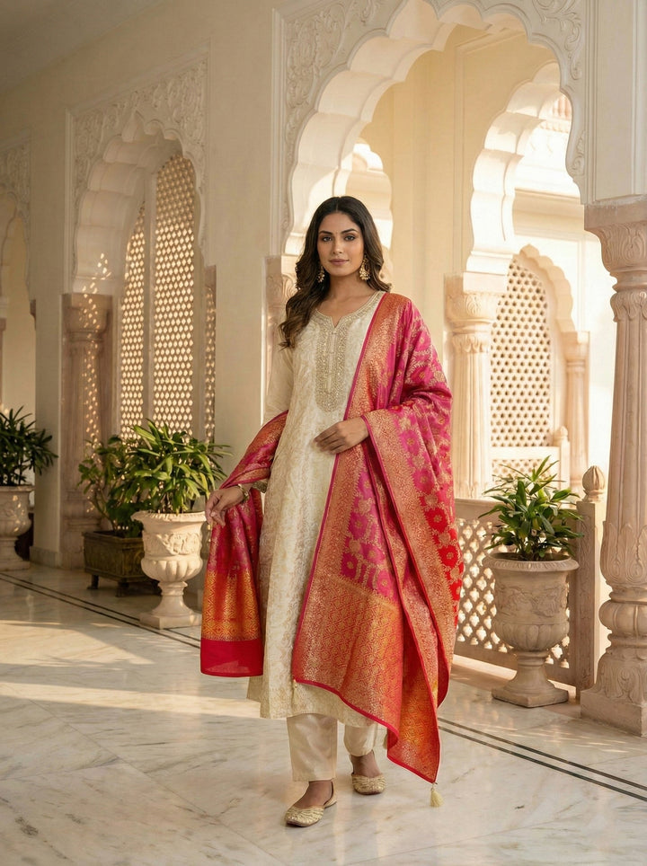 Neerus Beige Banarasi embroidered suit set - front view