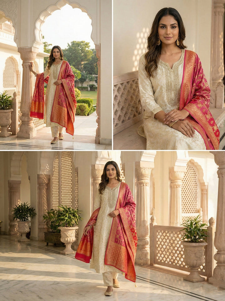 Neerus Beige Banarasi embroidered suit set - side view
