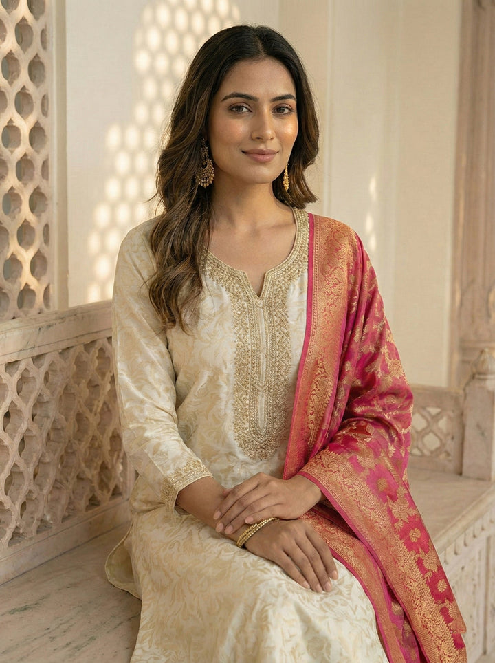 Neerus Beige Banarasi embroidered suit set - back view