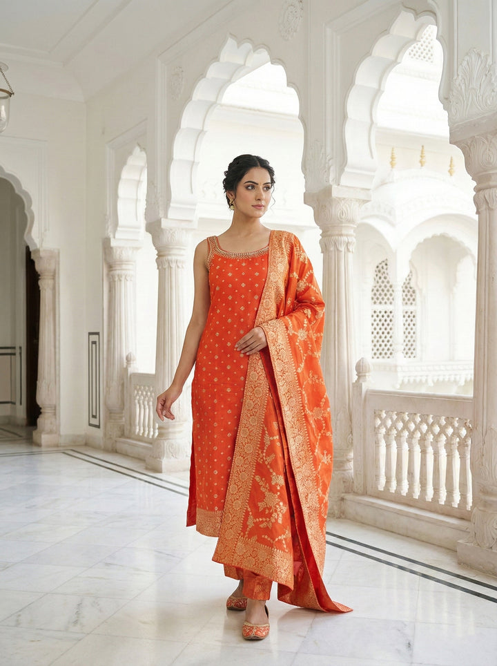Neerus Orange silk digital printed suit set - front view