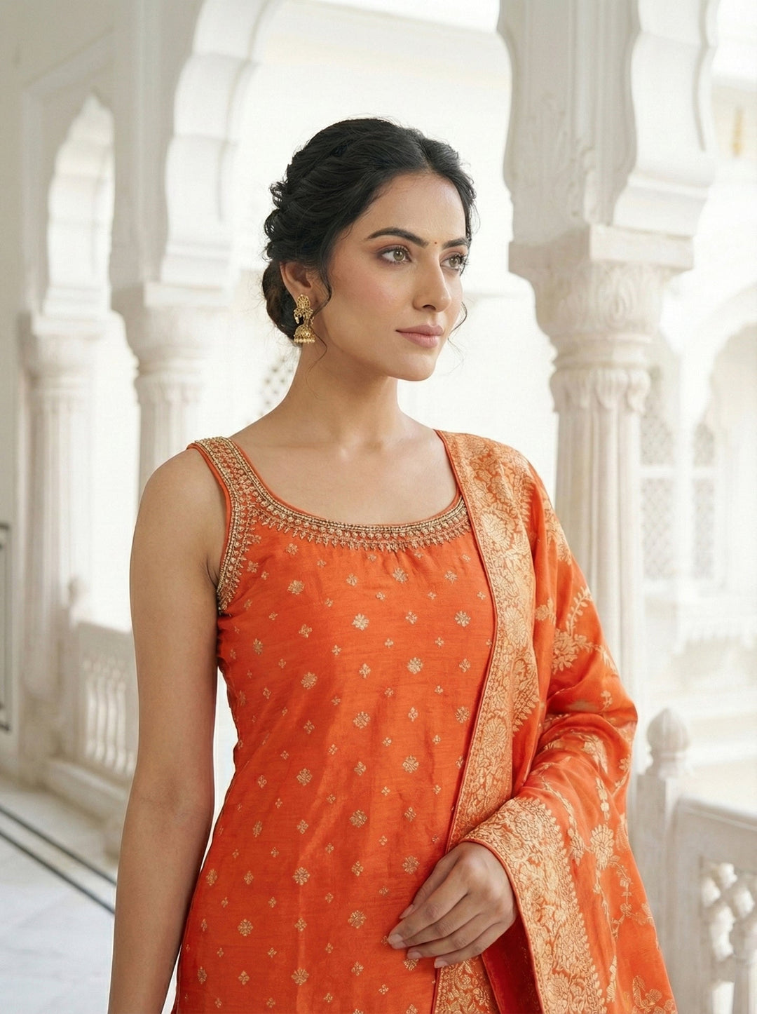 Neerus Orange silk digital printed suit set - back view