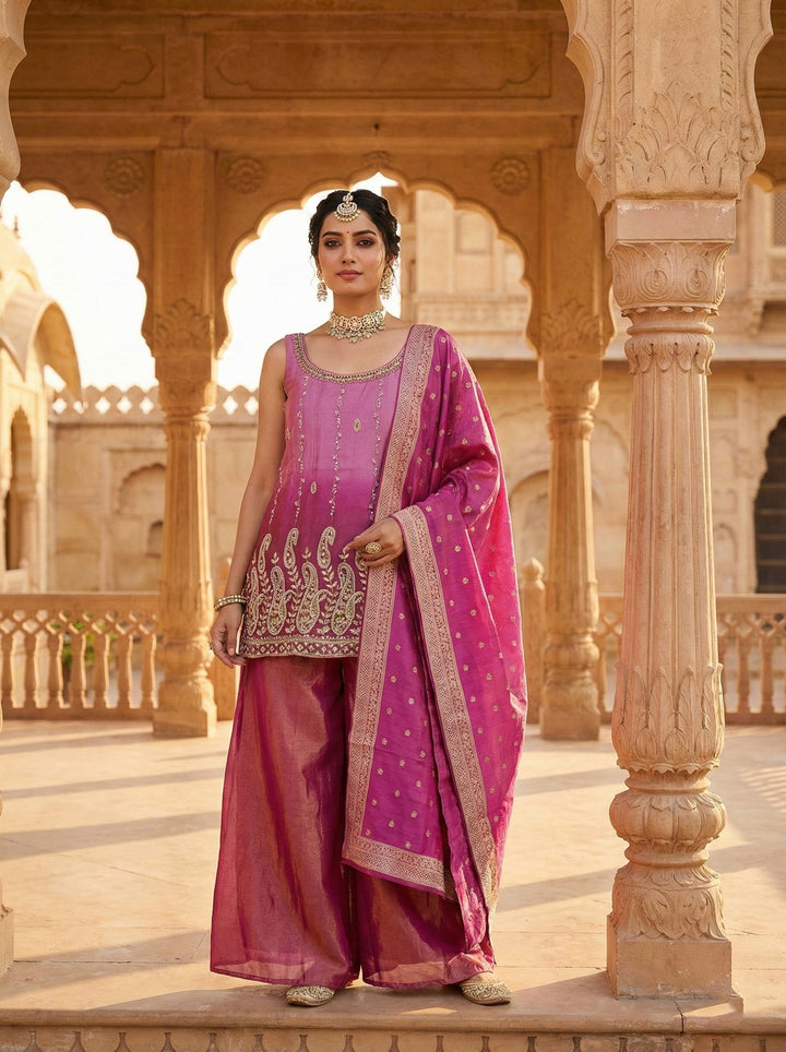 Neerus Pink tissue embroidered suit set with palazzo - front view