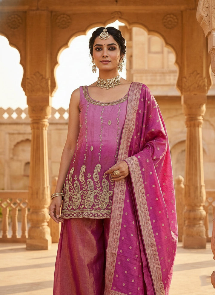 Neerus Pink tissue embroidered suit set with palazzo - back view