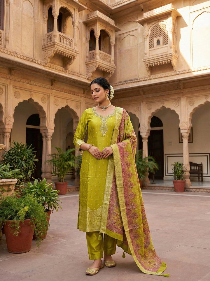 Neerus Green silk embroidered suit set - front view