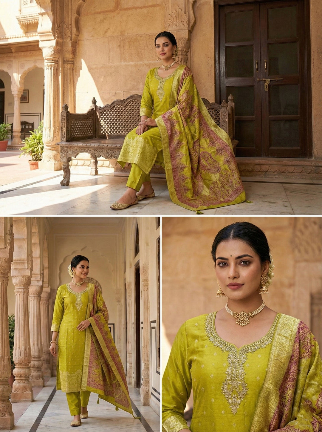 Neerus Green silk embroidered suit set - side view