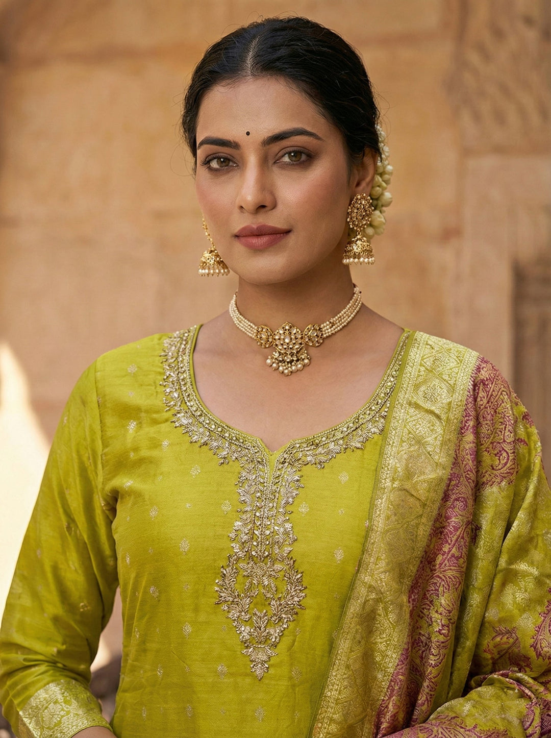 Neerus Green silk embroidered suit set - back view