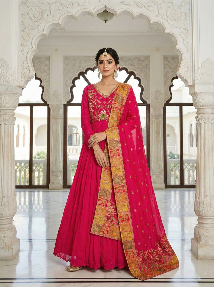 Neerus Pink chinon embellished anarkali suit set - front view