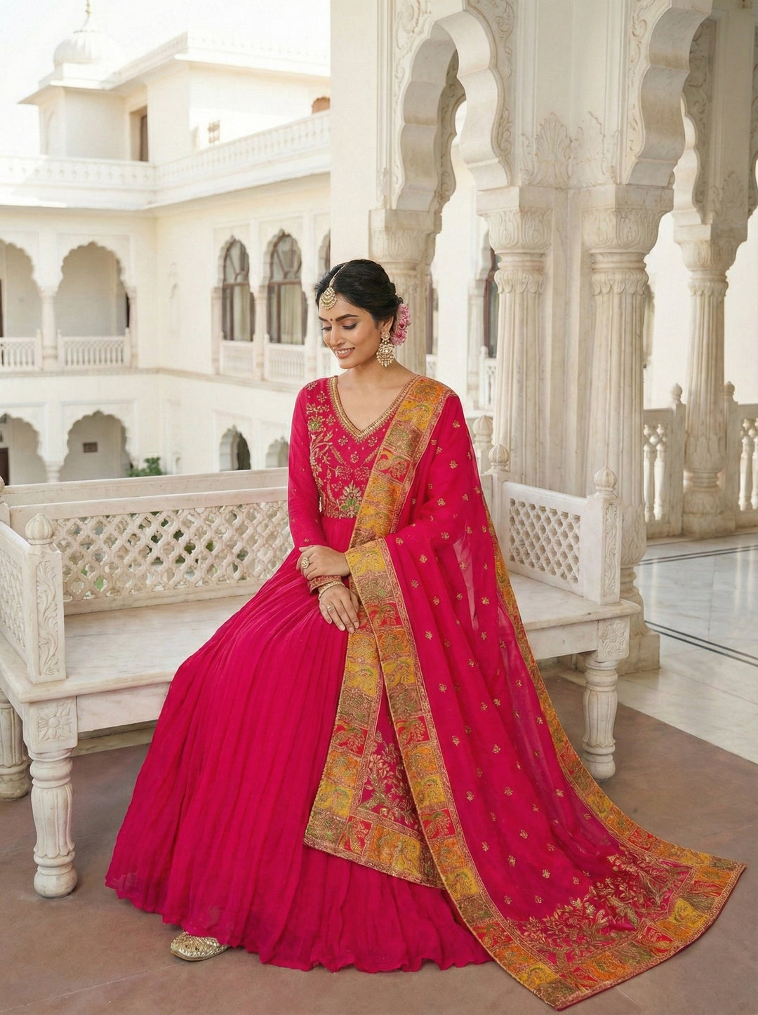 Neerus Pink chinon embellished anarkali suit set - back view