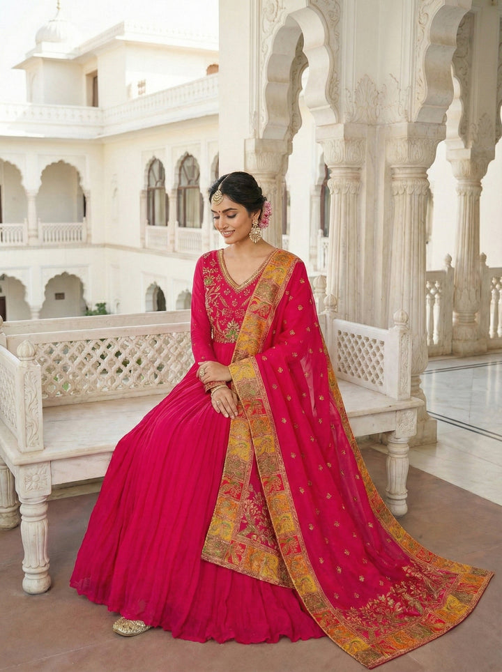 Neerus Pink chinon embellished anarkali suit set - back view