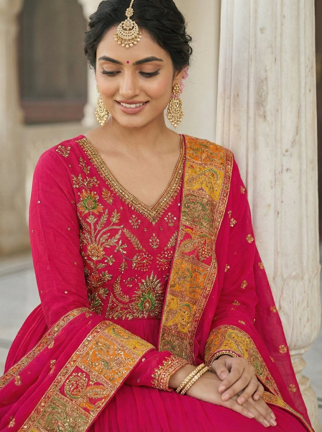 Neerus Pink chinon embellished anarkali suit set - side view