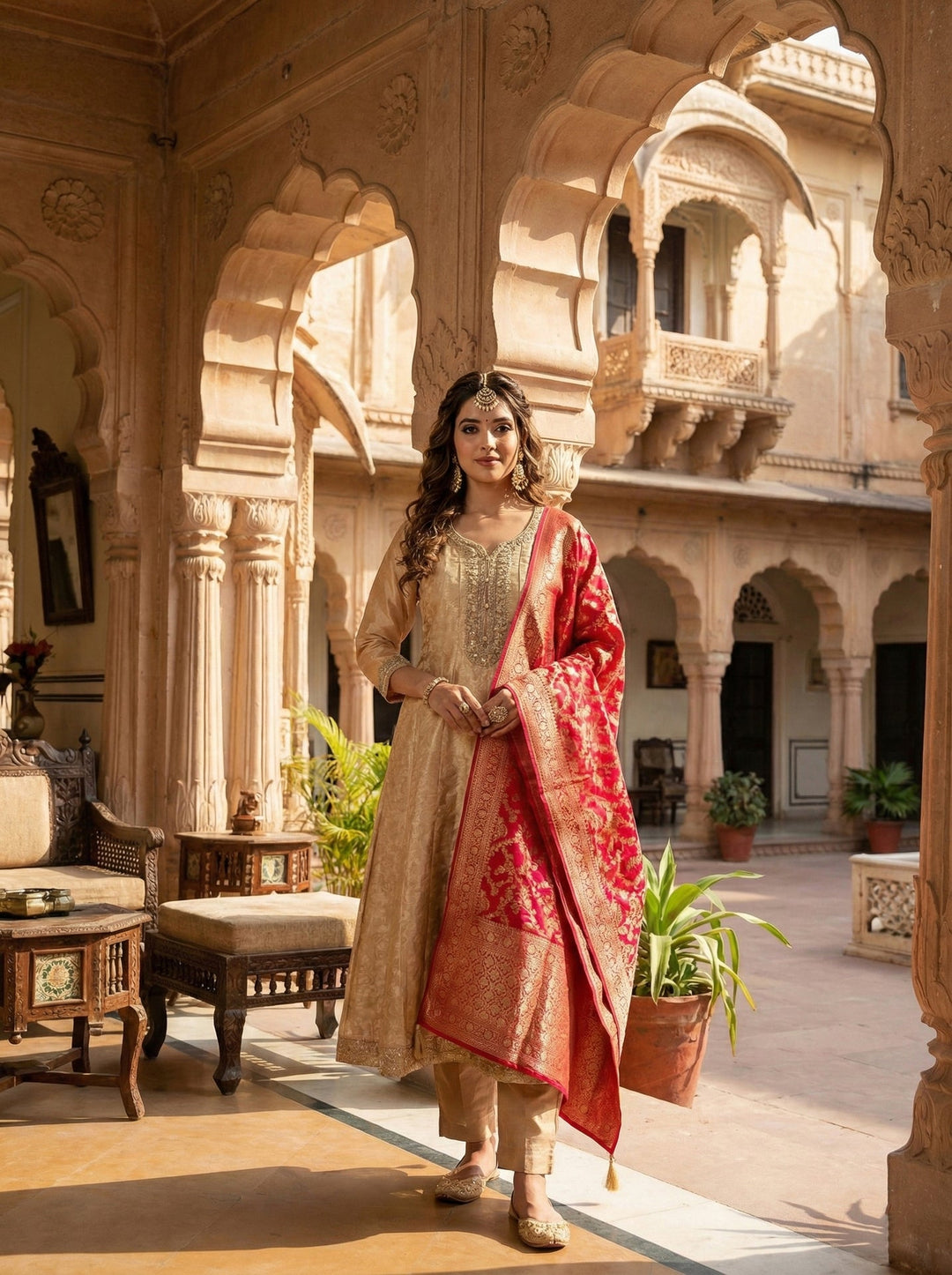 Neerus Brown Banarasi hand embroidered suit set - front view