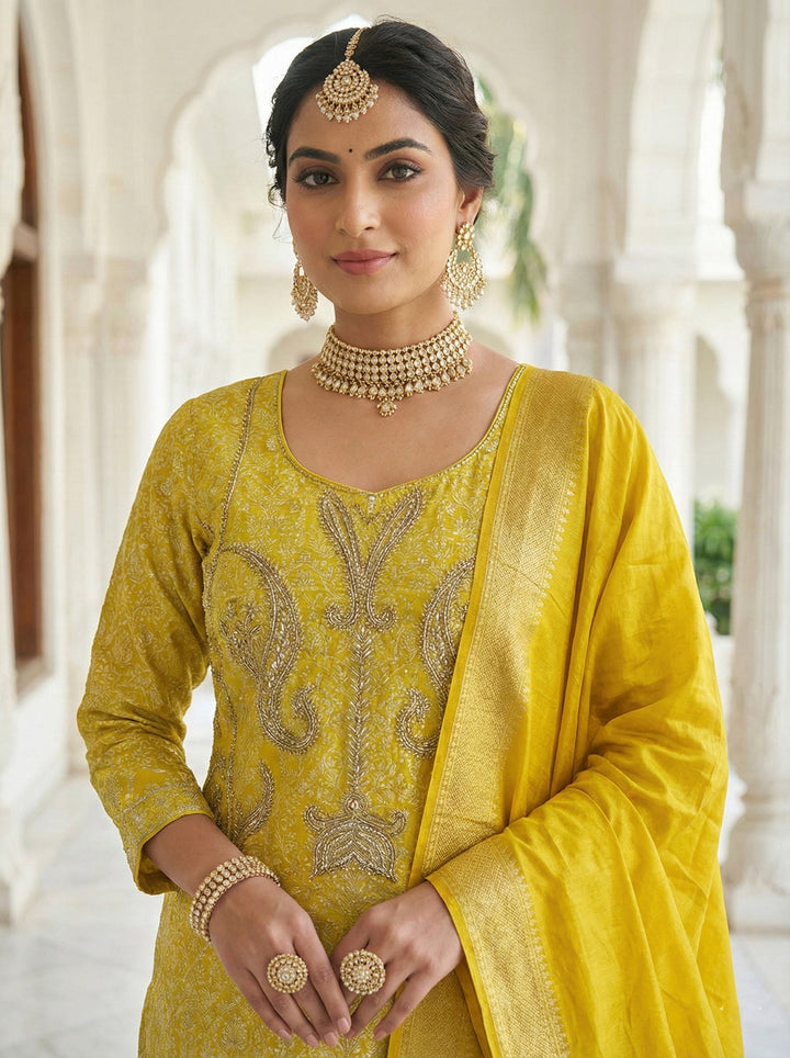 Neerus Yellow chinon embroidered suit set - back view