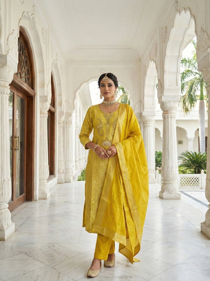 Neerus Yellow chinon embroidered suit set - front view