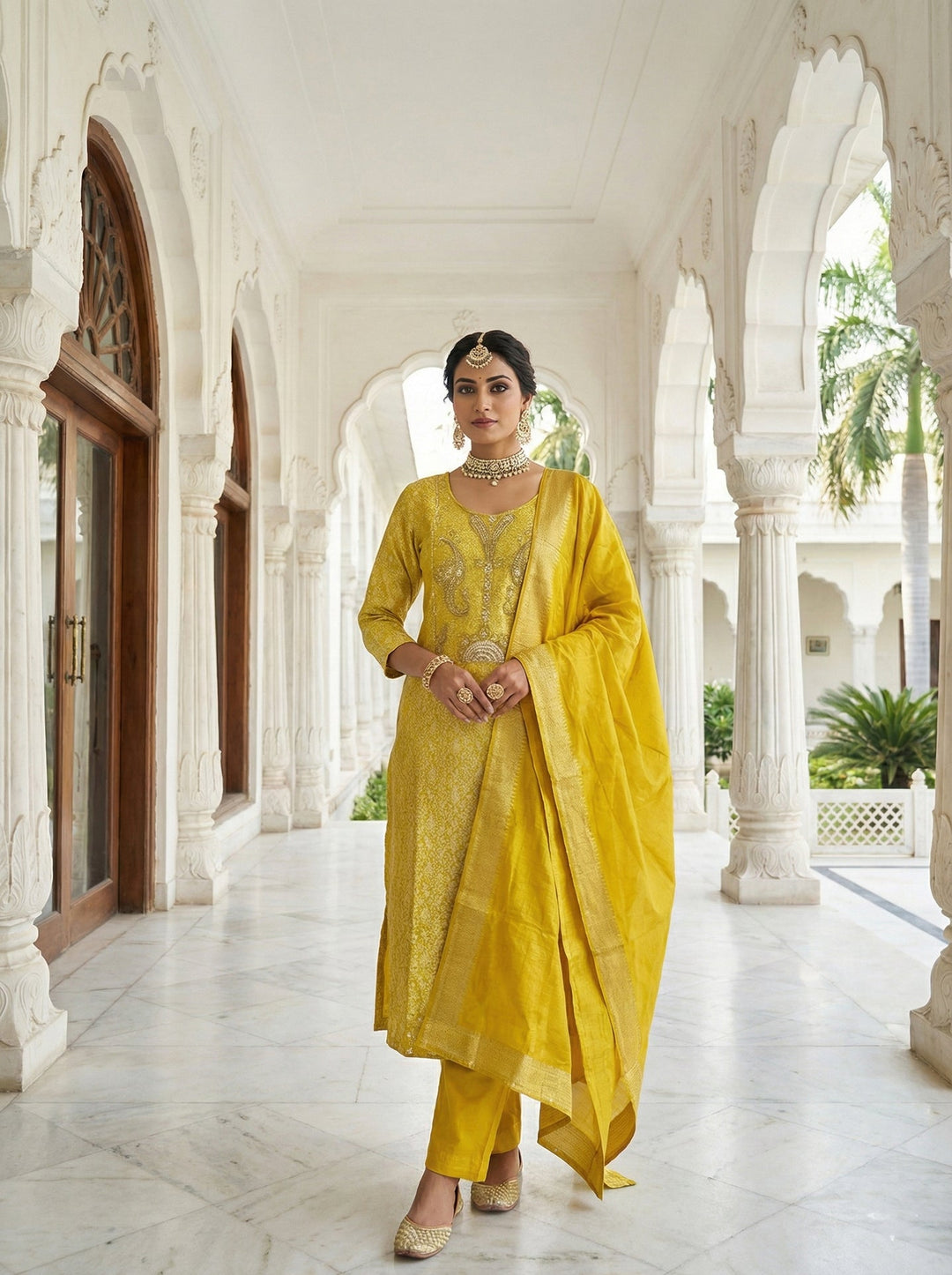 Neerus Yellow chinon embroidered suit set - side view