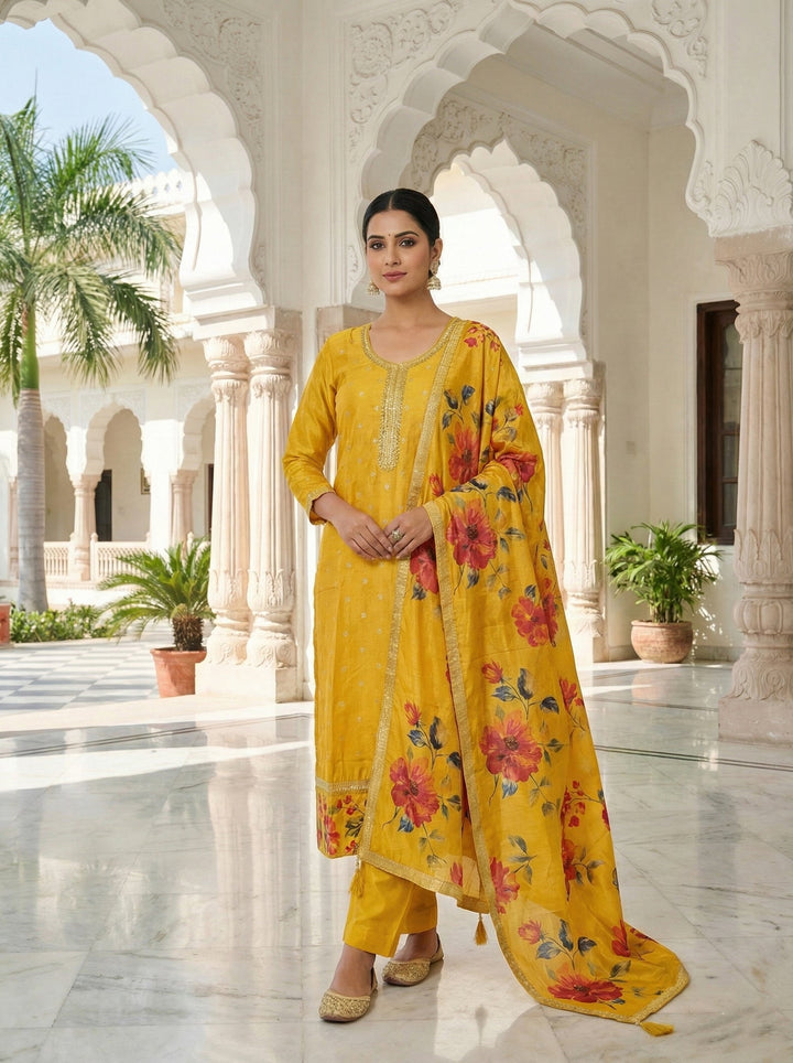 Neerus Yellow silk digital printed suit set - front view